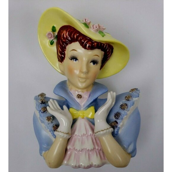 Lady Head Vase Red Hair Blue Eyes Reliable Glassware & Pottery Japan Ceramic 50s - Picture 2 of 11